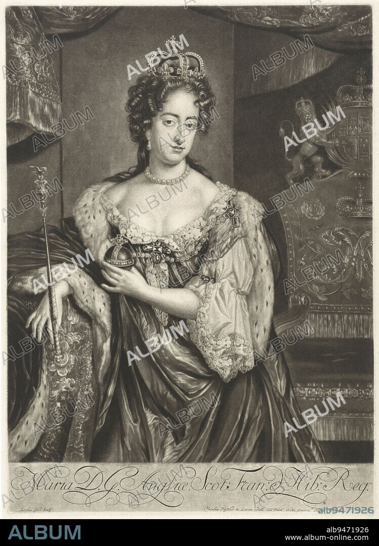 Portrait of Queen Maria II Stuart, Jacob Gole, 1689 - 1724, Maria II Stuart, Queen of England and Scotland, wife of Stadholder King William III. She wears the crown and a coronation robe. In her hands a scepter and the Reich's apple. Behind her a throne with the crowned coat of arms of William III., print maker: Jacob Gole, (mentioned on object), publisher: Nicolaes Visscher (I), (mentioned on object), Amsterdam, 1689 - 1724, paper, engraving, h 441 mm × w 320 mm.