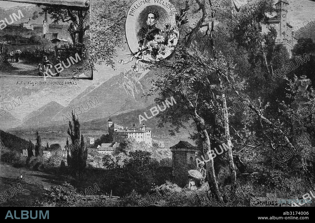 Schloss ambras castle, innsbruck, austria, woodcut, historical engraving, 1880, europe.