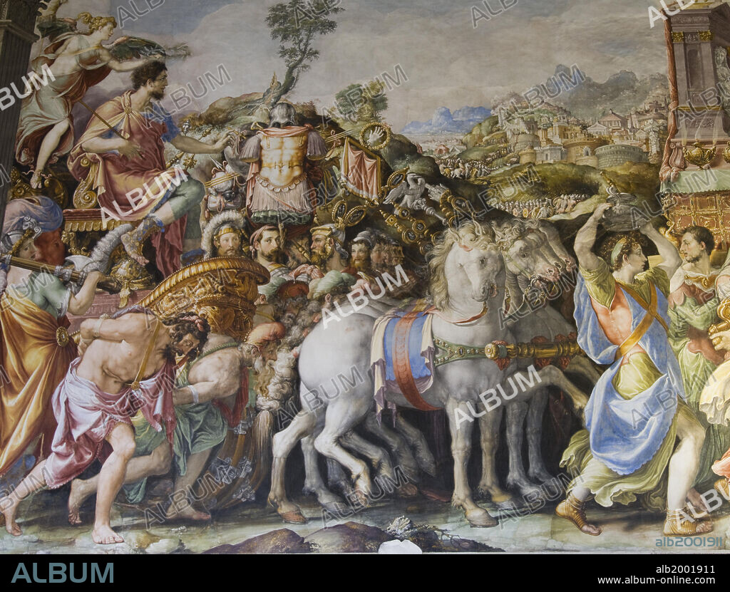 In the Palazzo della Signoria (Palazzo Vecchio), the Sala dell'Udienza (The Audience Chamber or Hall of Justice) is decorated with frescoes of the Stories of Furius Camillus, painted between 1543 and 1545 by Francesco Salviati. Seen here is the left part of the fresco Triumph of Camillus, on the east wall of the hall. The historic center of Florence was declared a World Heritage Site by UNESCO in 1982.