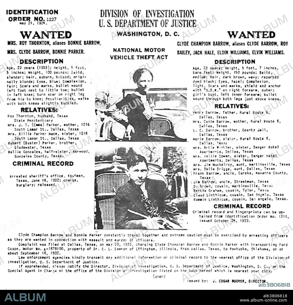 Bonnie Elizabeth Parker (October 1, 1910 - May 23, 1934) and Clyde Chestnut Barrow (March 24, 1909 - May 23, 1934) were American criminals who traveled the central US with their gang during the Great Depression, robbing and killing people. At times, the gang included Clyde's older brother Buck Barrow and his wife Blanche, Raymond Hamilton, W. D. Jones, Joe Palmer, Ralph Fults, and Henry Methvin. Their exploits captured the attention of the American public during the "Public Enemy Era" (1931-35). Though known today for his dozen-or-so bank robberies, Barrow preferred to rob small stores or rural gas stations. The gang is believed to have killed at least nine police officers and several civilians. In 1934 they ambushed and killed by law officers. Their bullet-riddled Ford became a popular traveling attraction displayed at fairs, amusement parks and flea markets for three decades, and became a fixture at a Nevada race track where it could be sat in for a dollar.