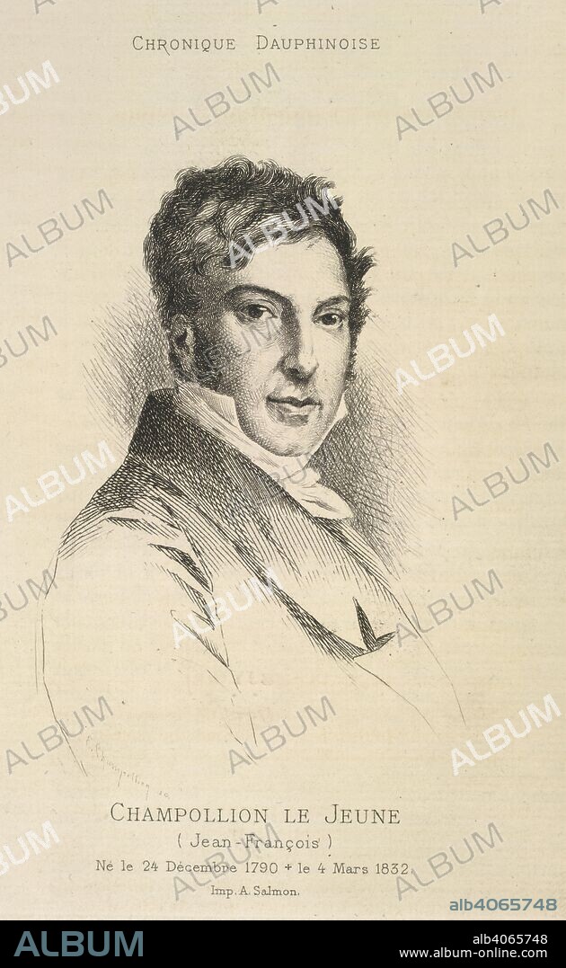 AIMÃ© LOUIS CHAMPOLLION-FIGEAC. Jean-FranÃ§ois Champollion. (1790-1832). French founder of Egyptology. Portrait. He used the Rosetta stone to decipher the Egyptian hieroglyphics. Les Deux Champollion. Leur vie et leurs oeuvres .. Grenoble, 1887. Source: 10662.h.20, opposite 41. Language: French.