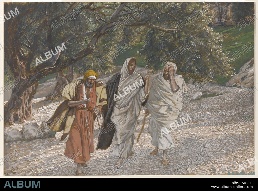 The Pilgrims of Emmaus on the Road, Les pèlerins d'Emmaüs en chemin, The Life of Our Lord Jesus Christ, La Vie de Notre-Seigneur Jésus-Christ, James Tissot, French, 1836-1902, Opaque watercolor over graphite on gray wove paper, France, 1886-1894, Image: 7 7/16 x 10 5/8 in., 18.9 x 27 cm, Bible, Biblical, Catholicism, Christ, Christianity, Disciples, French, God, Jesus, landscape, Luke 24:13-30, New testament, Religion, Religious, religious art, Resurrection, Teaching.