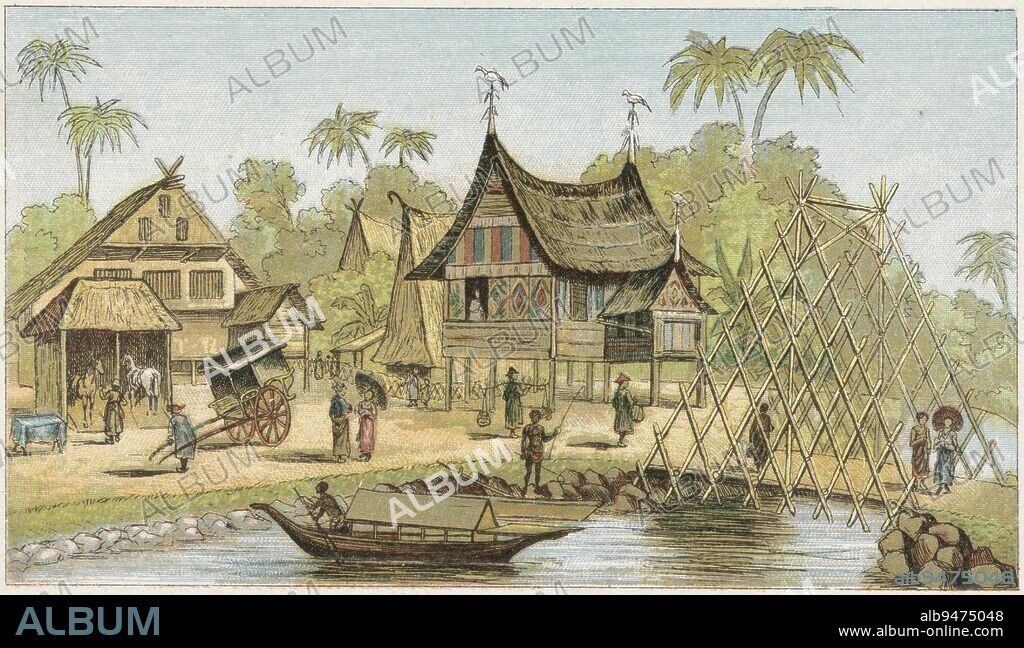 The Javanese village at the World's Fair on the Museumplein in Amsterdam Part of a group of sixteen plates and a map of the World Fair in Amsterdam from May 1 to October 1, 1883 Edition of the Nieuws van den Dag, Javanese Village at the World's Fair in Amsterdam, 1883 Javanese Village Reminder of Amsterdam in 1883 on object, print maker: anonymous, printer: Emrik & Binger, publisher: Het Nieuws van den Dag, print maker: Netherlands, printer: Netherlands, publisher: Amsterdam, 1883, paper, h 117 mm × w 180 mm.