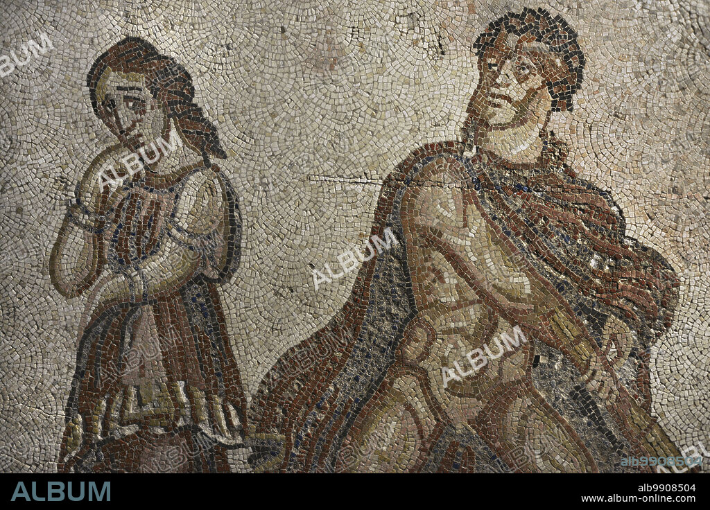 La locura de Hércules (Hercules furens). Panel de mosaico romano. Siglos III-IV d.C. Detalle. Procedente de la Villa Lusitano-Romana de Torre de Palma, Monforte, distrito de Portalegre, Portugal. Museo Nacional de Arqueología. Lisboa. Portugal.