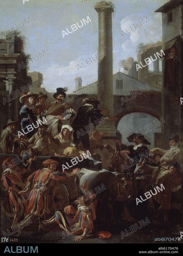 JAN MIEL O JAN VAN BIKE (1599-1664) IL CAVALLERE G. EL CARNAVAL EN ROMA - 1653 - OLEO/LIENZO - 68 x 50 cm - NP 1577 - ESCUELA FLAMENCA.