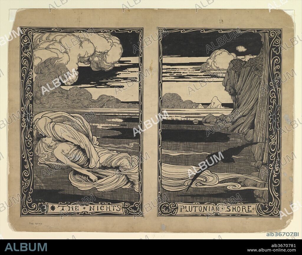 "The Night's Plutonian Shore": The Raven. Artist: William Heath Robinson (British, London 1872-1944 Highgate, London). Author: Related author Edgar Allan Poe (American, Boston, Massachusetts 1809-1849 Baltimore, Maryland). Dimensions: sheet: 18 3/8 x 23 1/2 in. (46.7 x 59.7 cm). Date: 1909.