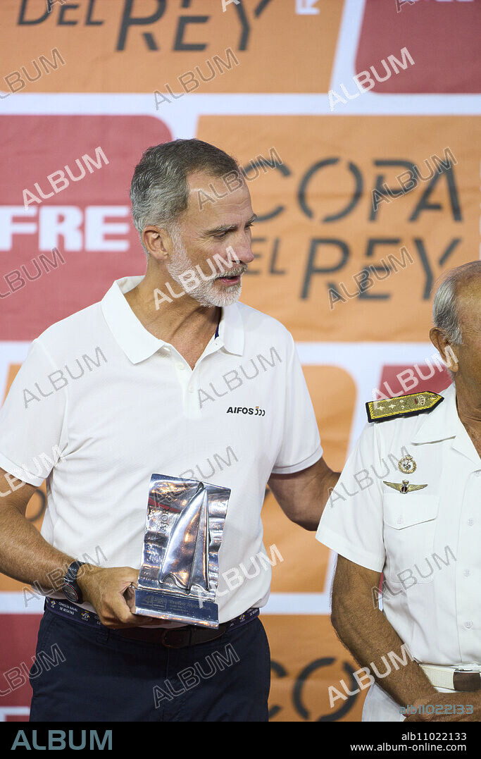 King Felipe VI of Spain attends the 41st Copa del Rey Mapfre Sailing Cup - Awards Ceremony at Ses Voltes cultural center on August 5, 2023 in Palma, Spain. King Felipe VI of Spain receives his trophy as finishing as second position in Sailing Cup.