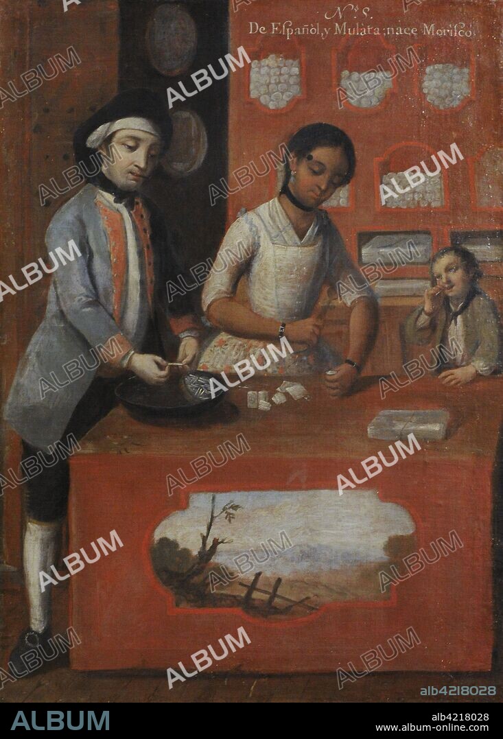Título: Castas; De español y mulata, morisco. Autor: Andrés de Islas (siglo XVIII). Pintura sobre lienzo. Grado de mestizaje entre indígenas, europeos y africanos. Género" Pintura de Castas". Virreinato de la Nueva España. Escuela Mexicana. México. 1774. Museo de América. Madrid. España.