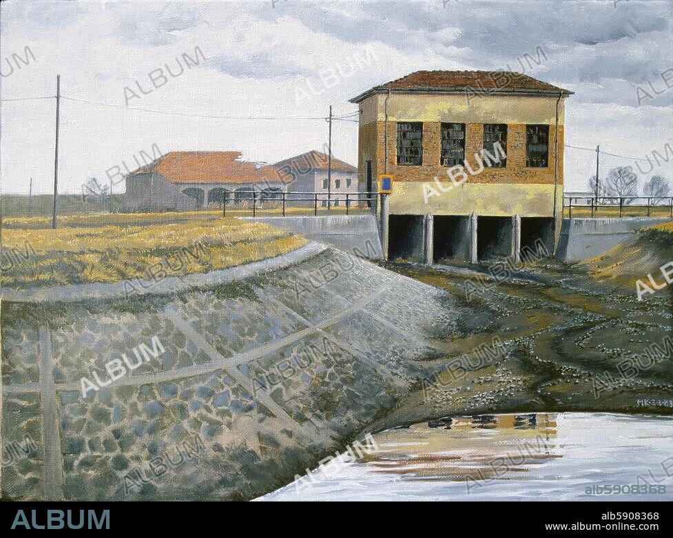MATTHIAS KOEPPEL. Koeppel, Matthias. geb. 1937. "Sperrwerk am Canale Fiuma (Po-Ebene) ", 1983. Öl auf Leinwand, 30 × 40 cm. Privatsammlung.