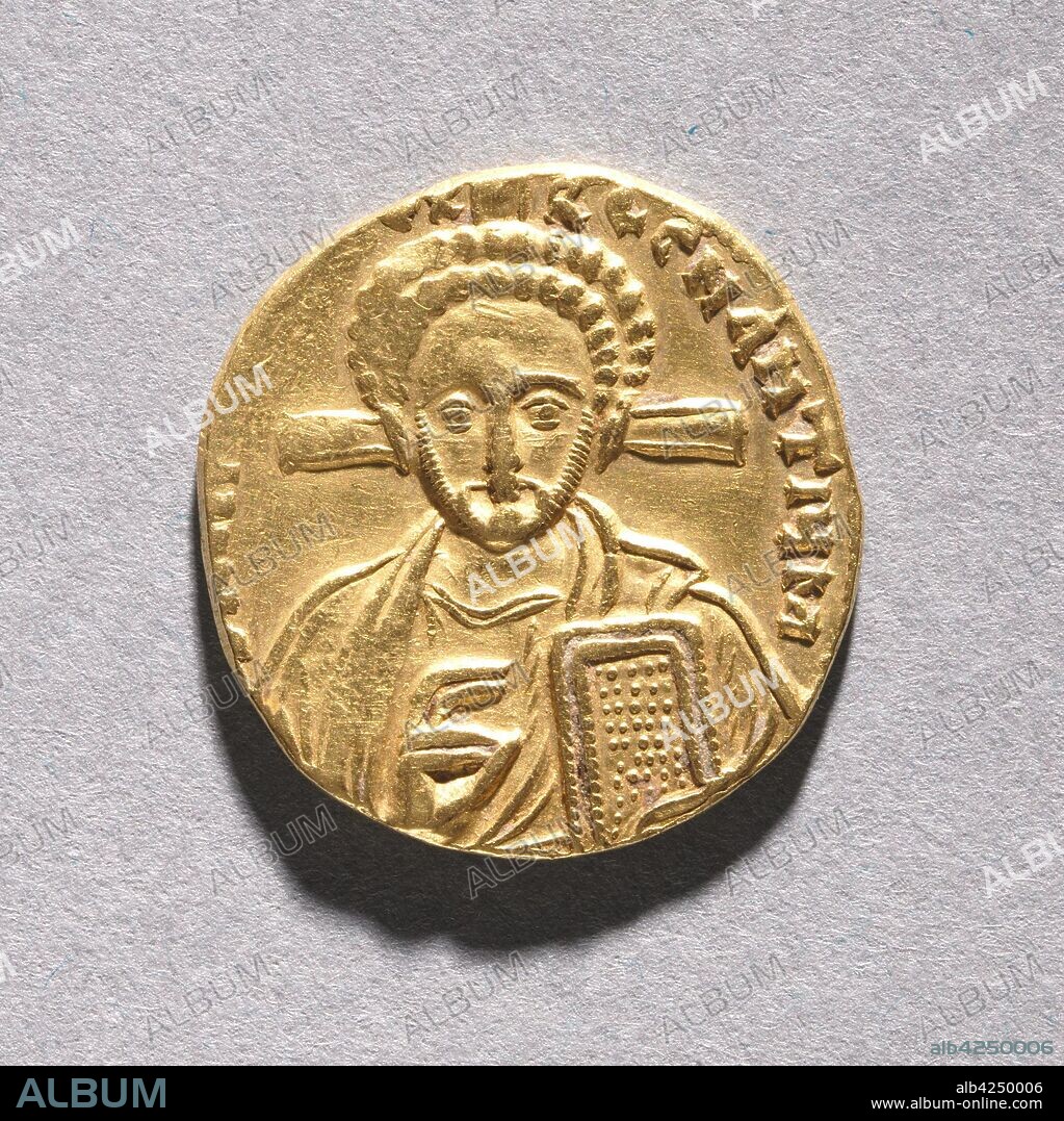 Solidus with Justinian II Rhinometus and His Son Tiberius, 705-711. Byzantium, 8th century. Gold; diameter: 2 cm (13/16 in.).