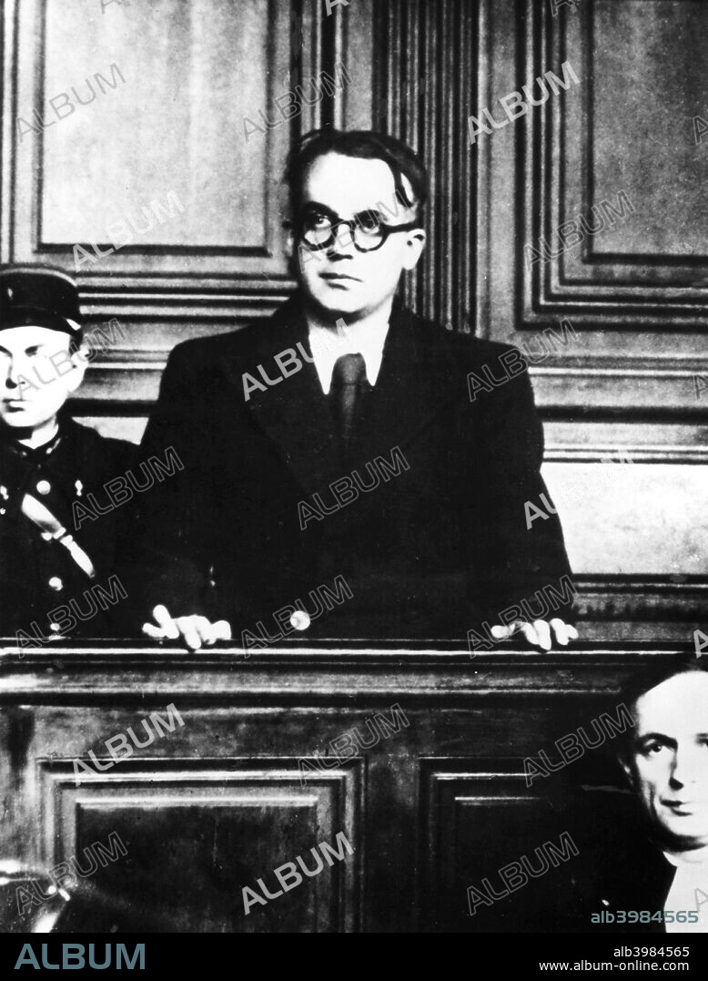 Trial of the French pro-Nazi author Robert Brasillach, Paris, 1945. A supporter of fascism since 1934, Brasillach edited an anti-semitic newspaper, Je suis partout, during the Nazi occupation of France. He also supported the German occupation of Vichy France and signed a 1944 document calling for the summary execution of all members of the French Resistance. Arrested afte Paris fell to the Allies, he was convicted of cooaboration and executed by firing squad on 6 February 1945.