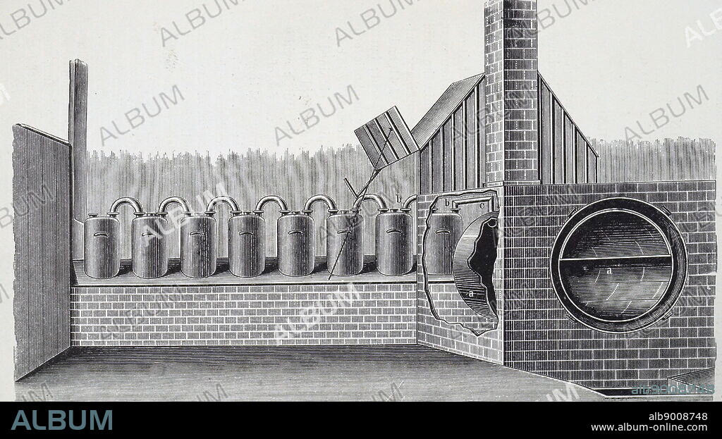 Engraving depicting nitric acid manufacturing using cast iron cylinders in a furnace. Sulphuric acid and chili nitre (sodium nitrate) are heated and nitric acid vapour passes to large Woulff's bottles containing water. Dated 19th century.