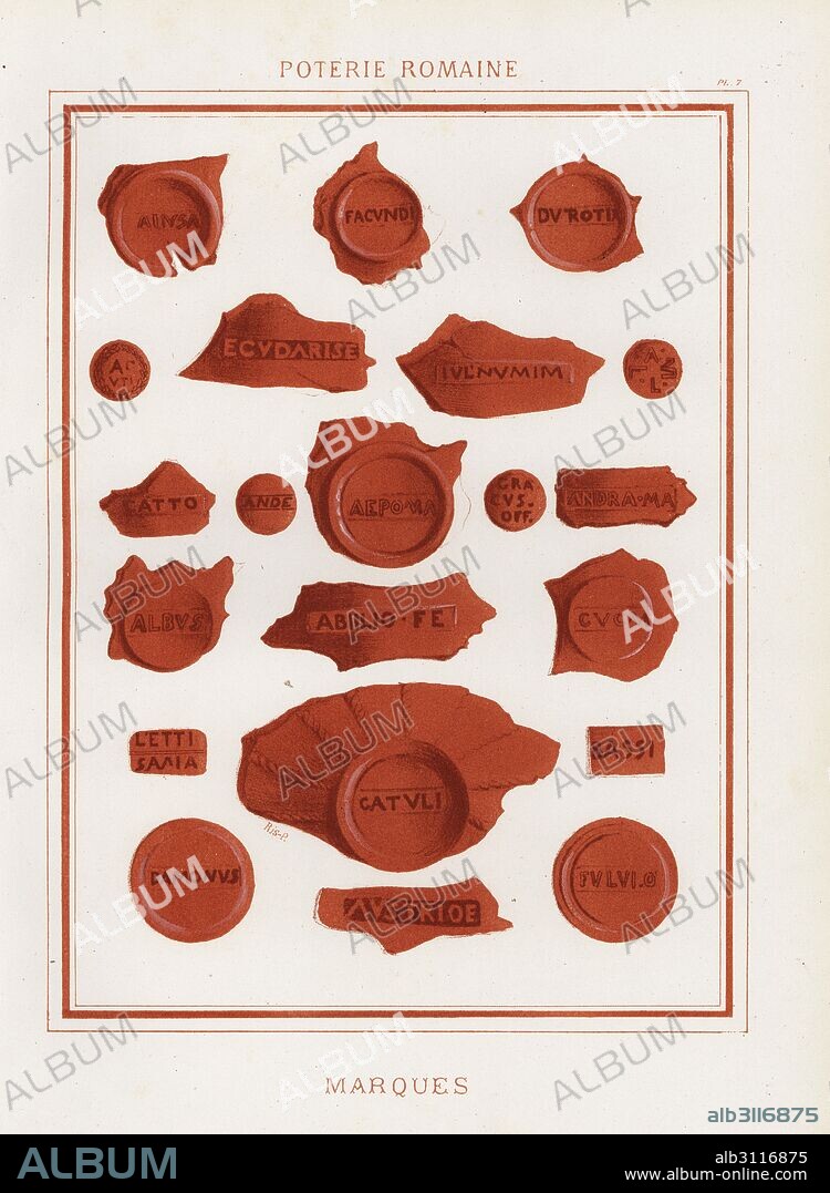 Makers' marks on Roman pottery. Hand-finished chromolithograph from Ris Paquot's General History of Ancient French and Foreign Glazed Pottery, Chez l'Auteur, Paris, 1874.