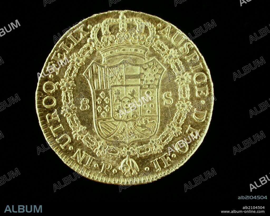 NUMISMATICA. MONEDA MODERNA. OCHO ESCUDOS DE ORO, DE CARLOS IV. REVERSO. ESCUDO DE TODAS LAS ARMAS REALES TIMBRADO DE UNA CORONA REAL CON EL COLLAR DEL TOISON.1804. (DEPOSITO: MUSEO ARQUEOLOGICO NACIONAL).