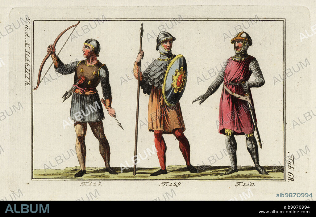 Norman soldiers, 12th century: Bowman with breastplate, bow and arrows 148, fantassin (infantry) with helmet, chainmail coif, lance, shield and cuirass 149, and fantassin (infantry) with helmet, sword and military surtout 150. Handcolored copperplate engraving from Robert von Spalart's Historical Picture of the Costumes of the Principal People of Antiquity and Middle Ages, Vienna, 1802.