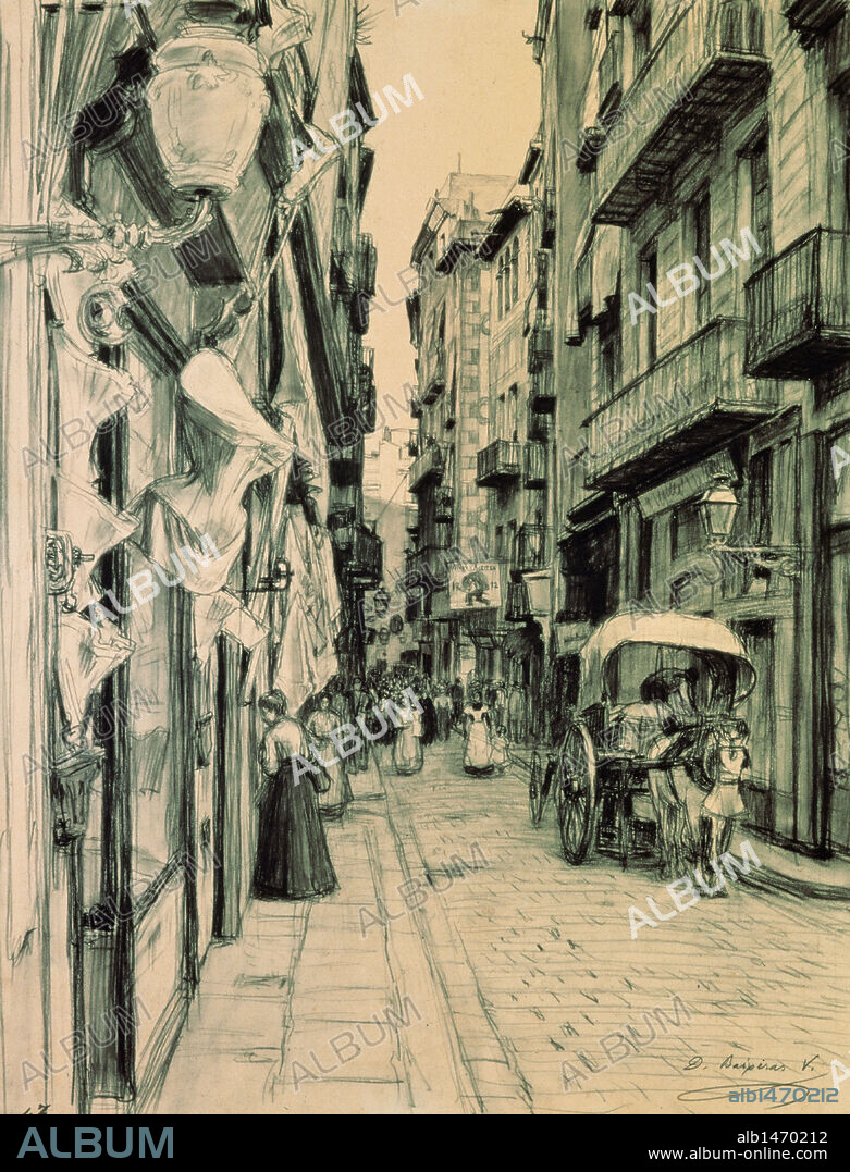 HISTORIA BARCELONA. BARRIO DE LA RIBERA. S. XIX. Dibujo de Dionis Baixeras i Verdaguer (1862-1943) de la Calle de la Boria, hacia la Plaza de la Llana, del BARRIO DE LA RIBERA, barrio marítimo lleno de callejuelas y situado a orillas del mar. En 1714, parte del barrio fue destruido para levantar la Ciudadela. Museo de Historia de la Ciudad. Barcelona. Cataluña.