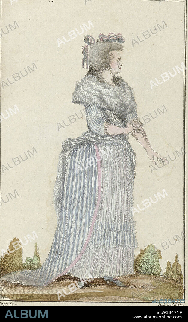 Cabinet des Modes ou les Modes Nouvelles, 15 Juillet 1786, pl. II, Robe à la Turque. The woman, according to the accompanying text, is dressed in a 'robe à la Turque' of white gaze with white shiny and soft lilac stripes, trimmed with soft pink ribbon. Scarf of white checkered gaze with a fringe of white silk, crossed from the front and tied at the back under the belt. Hairstyle with two bows of striped ribbon, without headgear. Lilac shoes with heels and a strip of pink ribbon (Accessories: earring, long gloves, chatelaine). The print is part of the 17th Cahier from the series Cabinet des Modes ou les Modes Nouvelles. The series consists of 72 fashion prints, published by Buisson, Paris, November 15, 1785 - November 1, 1786., print maker: A.B. Duhamel, intermediary draughtsman: Pugin, Paris, 1786, paper, engraving, height 205 mm × width 125 mm.