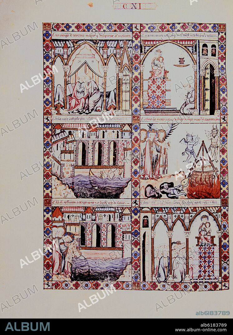 ALFONSO X OF CASTILE THE WISE. MTI1 - CANTIGA DE SANTA MARIA Nº111 - F158V - UN CLERIGO SE AHOGA EN EL SENA CUANDO ACUDIA CON UN AMIGA - SIGLO XIII.
