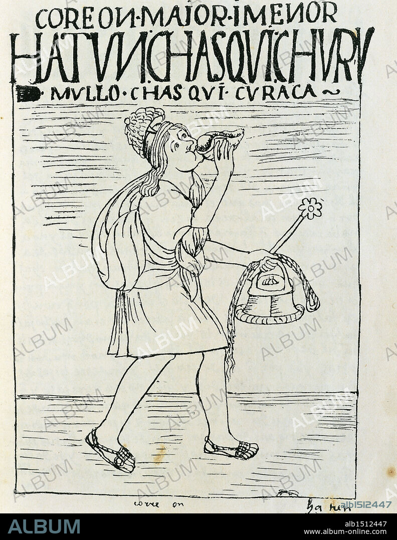History of the Exploration, 16th century. South America, Peru. Messenger blowing horn. Engraving  from Felipe Guaman Poma de Ayala (1550-after 1615), Nueva Cronica y Buen Gobierno, 1587.