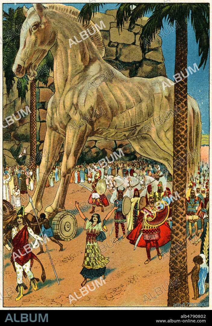 Le Cheval de Troie. Illustration anonyme de 1935 pour Aux pays des heros et des dieux. Credit : Collection Jonas/Kharbine-Tapabor.