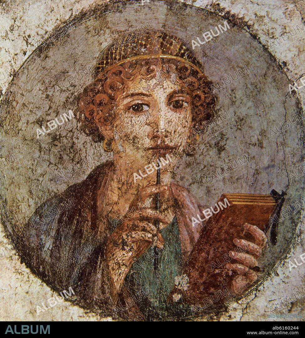 MUCHACHA ESCRIBIENDO SUPUESTO RETRATO DE SAFO: POETISA GRIEGA - CASA DE LIBANIO - PINTURA ROMANA - SIGLO I DC.