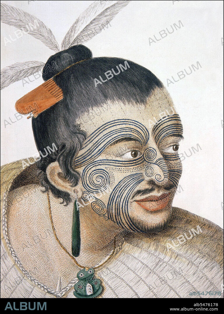 Head and shoulders portrait of a Maori man, his hair in a topknot with feathers and a bone comb, full facial moko, a greenstone earring, a tiki and a flax cloak. He has a small beard and a moustache. Sydney Parkinson (1745-1771) was the artist on Captain Cook's first voyage to New Zealand in 1769. Ta moko is the permanent body and face marking by Maori, the indigenous people of New Zealand. Traditionally it is distinct from tattoo and tatau in that the skin was carved by uhi (chisels) rather than punctured. This left the skin with grooves, rather than a smooth surface. Captain Cook wrote in 1769: 'The marks in general are spirals drawn with great nicety and even elegance. One side corresponds with the other. The marks on the body resemble foliage in old chased ornaments, convolutions of filigree work, but in these they have such a luxury of forms that of a hundred which at first appeared exactly the same no two were formed alike on close examination'. The tattooists were considered tapu, or exceptionally inviolable and sacred.