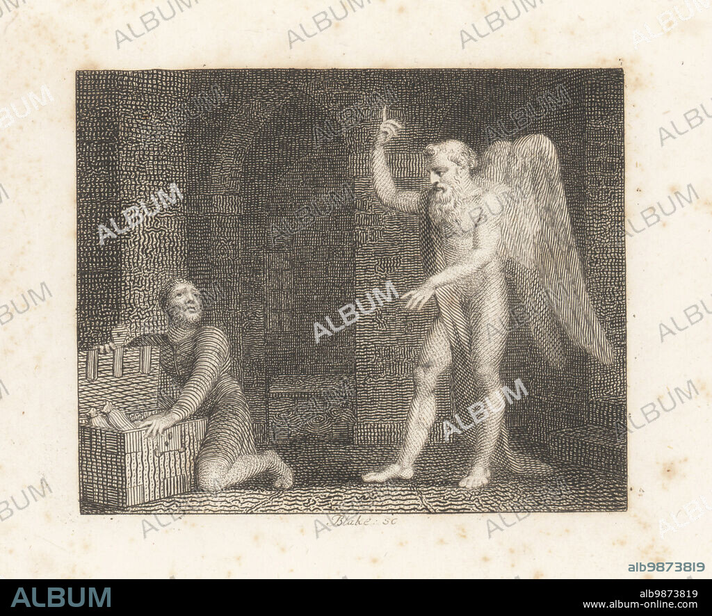 The Miser and Plutus. A winged bearded figure of Plutus, Greek god of wealth, stands in front of a miser protecting his hoard of treasure in a chest. Copperplate engraving by William Blake after an illustration by William Kent from Fables by John Gay, with a Life of the Author, John Stockdale, London, 1793.