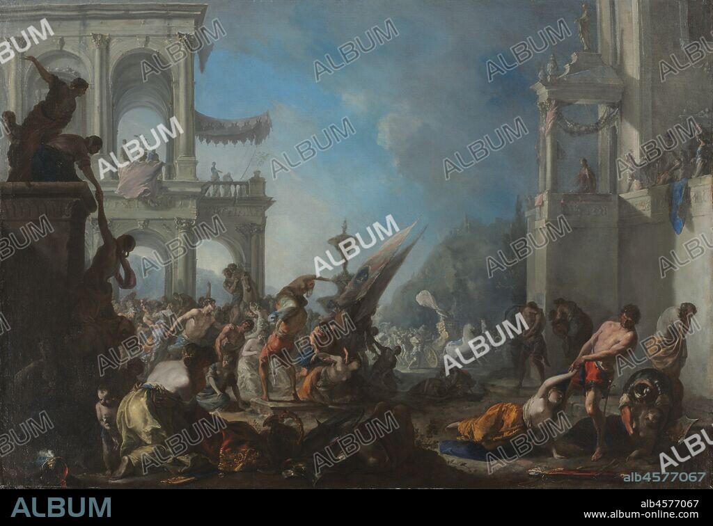 Abduction of the Sabine Women, c. 1640. Shortly after Rome was founded, the Romans abducted the women of the neighboring Sabines to be their wives. During the ensuing war, the Sabine women intervened, making peace between the two sides. Painted in Naples, this canvas seems to be the last of four versions of the subject painted by Schönfeld (two in the Hermitage, St. Petersburg, another in a private collection).
