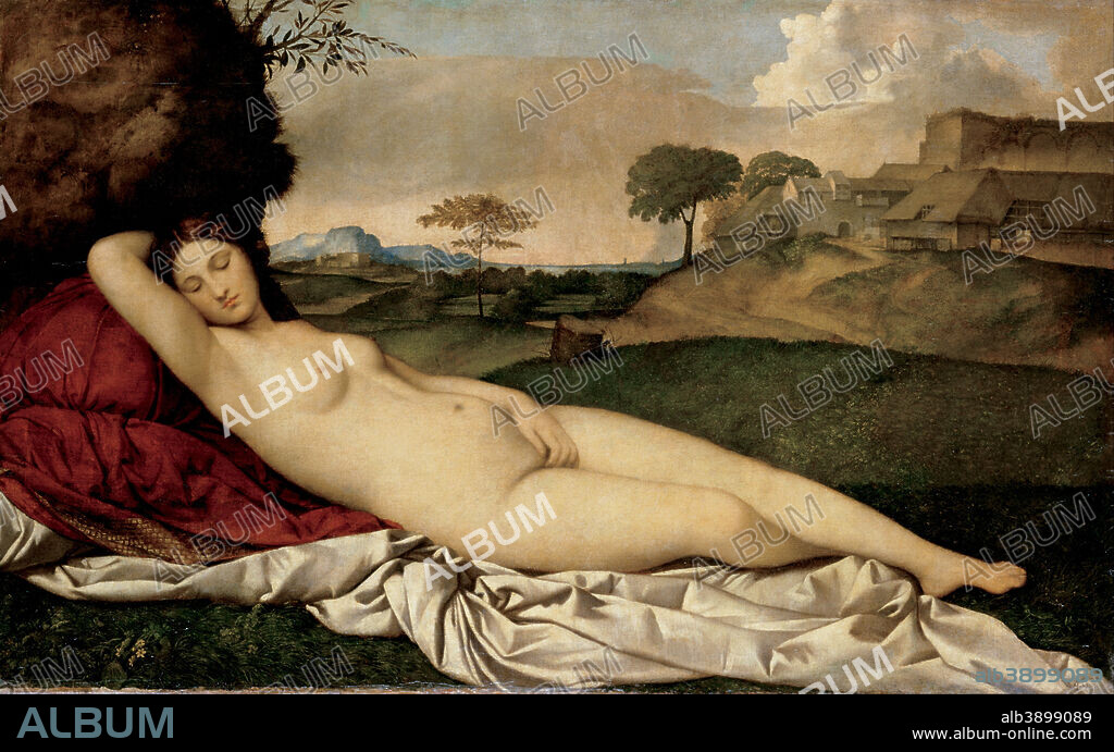 GIORGIONE. Sleeping Venus. Date/Period: 1508 - 1510. Painting. Oil on canvas. Height: 1,085 mm (42.71 in); Width: 1,750 mm (68.89 in).