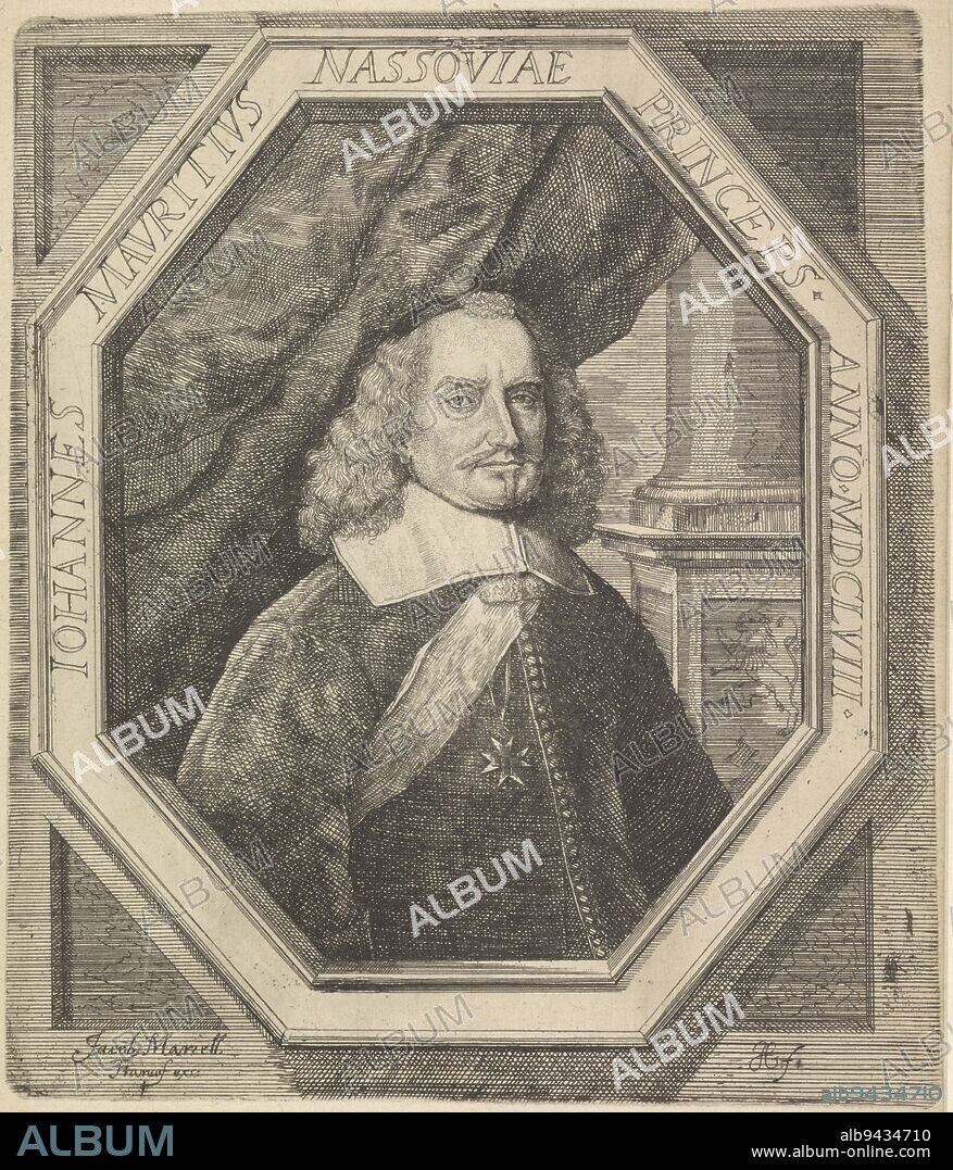 Portrait of Johan Maurice in an octagonal frame with border lettering, Portrait of Johan Maurice, Count of Nassau-Siegen, print maker: Johann Andreas Graff, (mentioned on object), publisher: Jacob Marrel, (mentioned on object), Germany, 1627 - 1681, paper, engraving, etching, h 220 mm × w 189 mm.