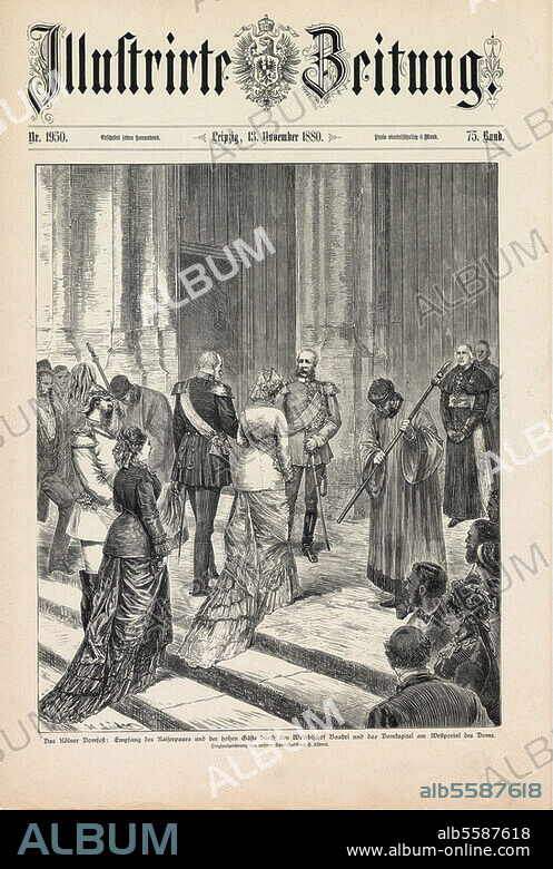 zu: Köln (Nordrhein-Westfalen), Dom. - "Das Kölner Domfest: Empfang des Kaiserpaares (...) ". (15. Okt. 1880: Weihbischof Johann Baudri empfängt Kaiser Wilhelm I., Kaiserin Augusta u. a.). Holzstich nach Zeichnung von Hermann Lüders (1836-1908). Aus: Illustrirte Zeitung, 75. Bd., Nr. 1950, Leipzig, 13. Nov. 1880, S. 265. Berlin, Sammlung Archiv für Kunst und Geschichte.