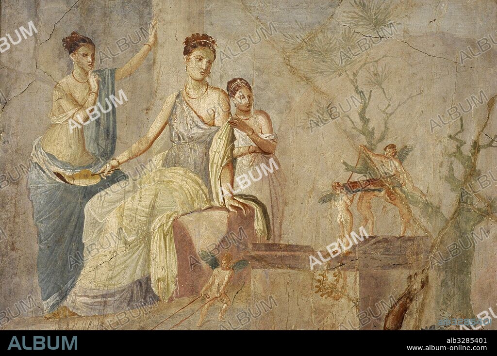 Hércules y Ónfale. Detalle. Fresco romano fechado entre los años 1 y 79. Tercer Estilo Pompeyano. Pompeya. Museo Arqueológico Nacional. Nápoles. Italia.
