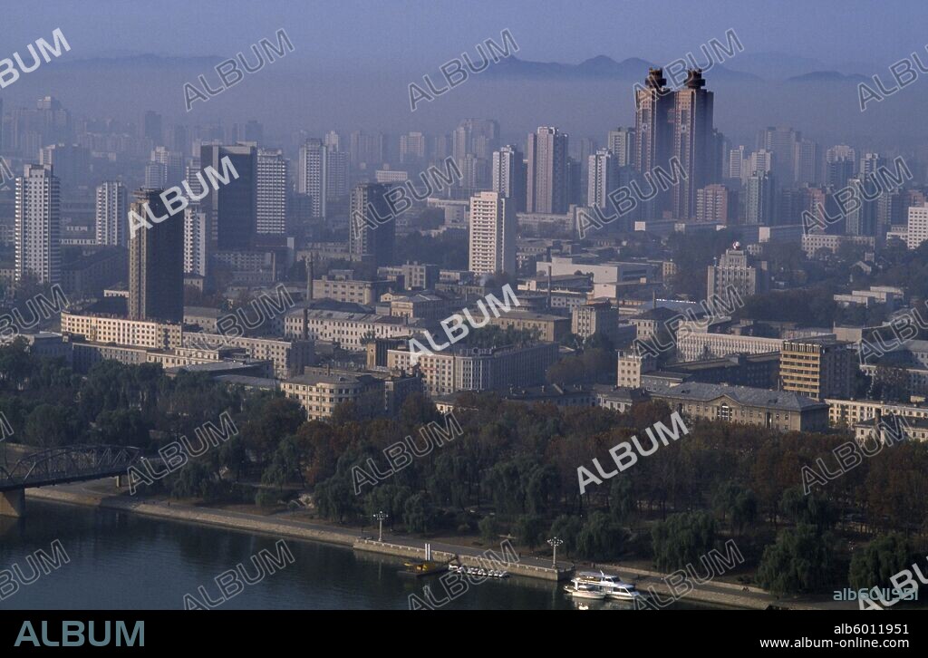 NORTH KOREA Pyongyang Cityscape with the Koryo Hotel twin towers amongst other skyscrapers.