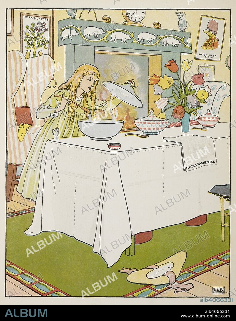 L. LESLIE BROOKE. Goldilocks tries the porridge. The Golden Goose Book: being the stories of the Golden Goose, the Three Bears, the 3 Little pigs, Tom Thumb. With numerous drawings in colour and black-and-white by L. L. Brooke. F. Warne & Co.: London & New York, [1905.]. Source: 12812.b.52.