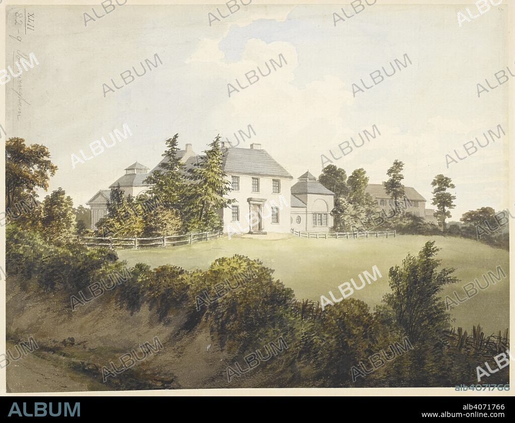 A ditch and foliage in the foreground; a mansion house on a hill; fences in front; trees throughout the scene. View of Mr Egginton's House near Soho, Birmingham. c. 1790-1810. Watercolour. Source: Maps K.Top.42.82.q. Language: English.