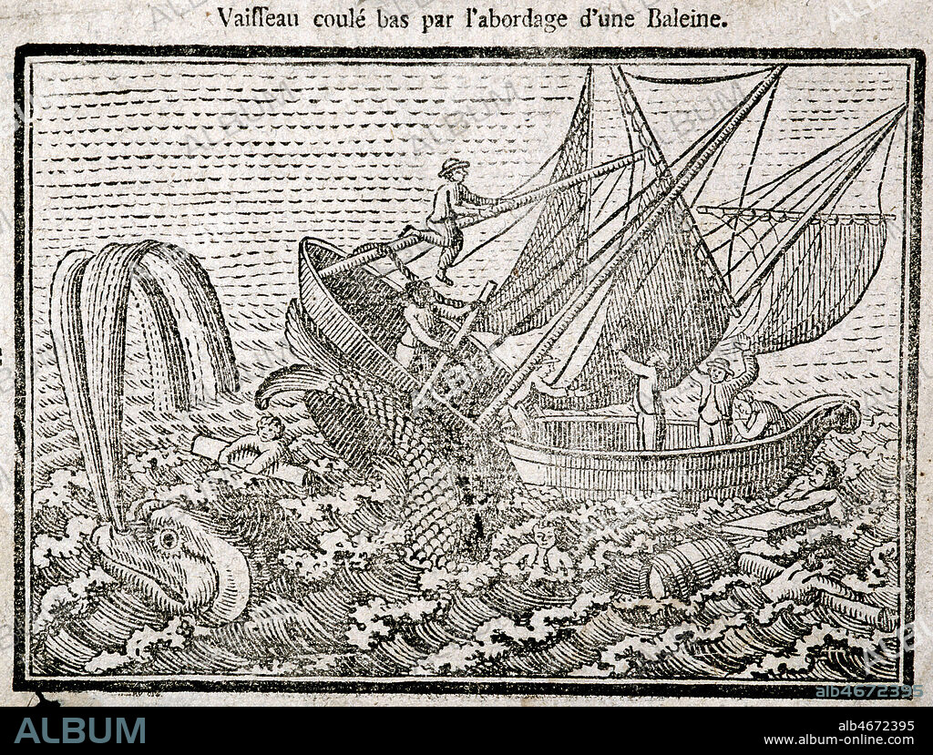 'Vaisseau coule bas par l'abordage d'une baleine'. Gravure publiee dans l'ouvrage Almanach historique ou 'Le messager boiteux' par Antoine SOUCI en 1791. Credit : Coll. Diry/KHARBINE-TAPABOR.