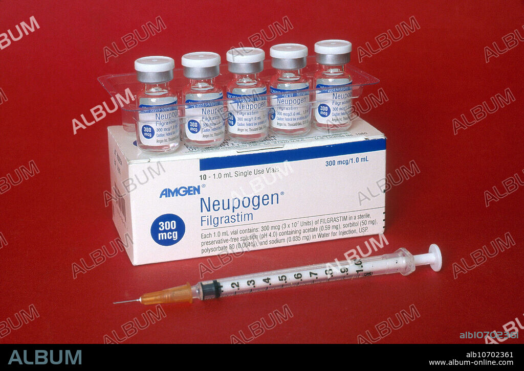 Editorial use only . Neupogen (Filgrastim) is a granulocyte colony-stimulating factor (G-CSF) analog used to stimulate the production of white blood cells when chemotherapy has lowered their production.