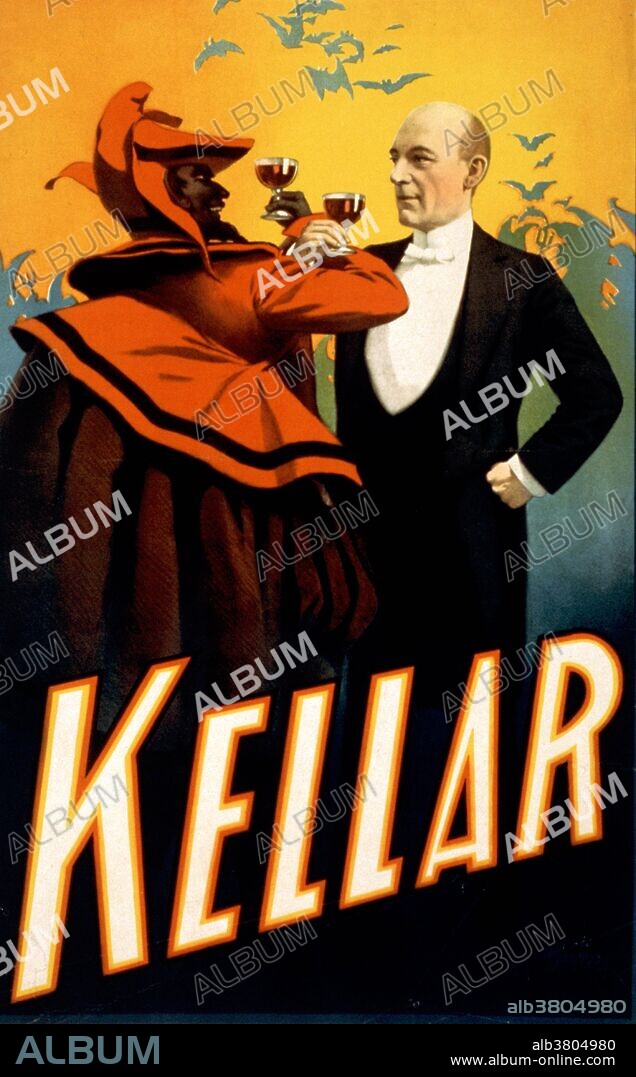 Kellar lithograph poster created by the Strobridge Lithographing Company, 1899. Magic has a long history of being associated with the devil and the dark arts. The explosion of devilish advertisements took place when magicians moved from using simple printed playbills to elaborate full color lithographs. Harry Kellar (July 11, 1849 - March 10, 1922) was an American magician who presented large stage shows during the late 19th and early 20th centuries. He was often referred to as the "Dean of American Magicians" and performed extensively on five continents. One of his most memorable stage illusions was the levitation of a girl advertised as the "Levitation of Princess Karnack". He married Eva Lydia Medley, a coronet player, in 1887. She played a part in many of his upcoming illusions, but she also provided music for the shows. He retired in 1908, and allowed Howard Thurston to be his successor. Kellar was often visited by other magicians, notably including Harry Houdini. He died in 1922 at the age of 72 from a pulmonary hemorrhage brought on by influenza.