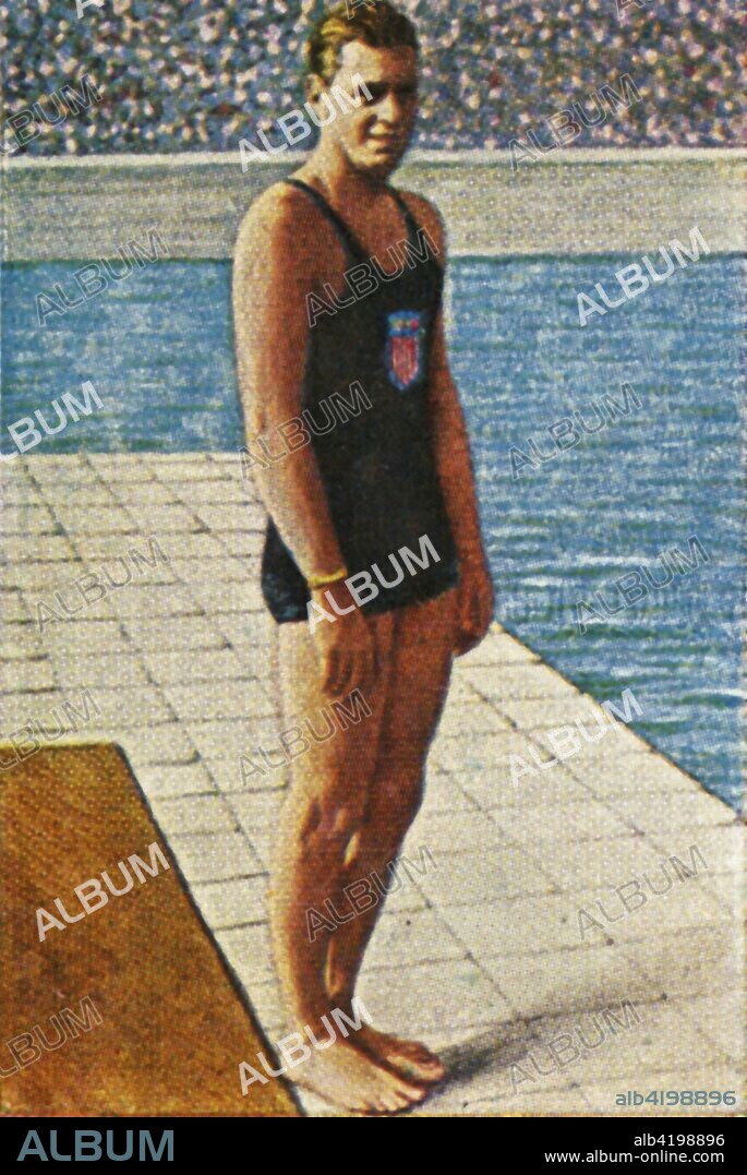 American swimmer Johnny Weissmuller, 1928. Swimmer and film star Weissmuller (1904-1984) won gold medal for the United States in the 100m freestyle and the 4 × 200m freestyle relay at the 1928 Summer Olympics, held in Amsterdam. He went on to play Tarzan in films of the 1930s and 1940s. From "Die Welt in Bildern", (The World in Pictures), cigarette card album, c1928. [Georg A Jasmatzi, A.-G., Dresden, Germany].