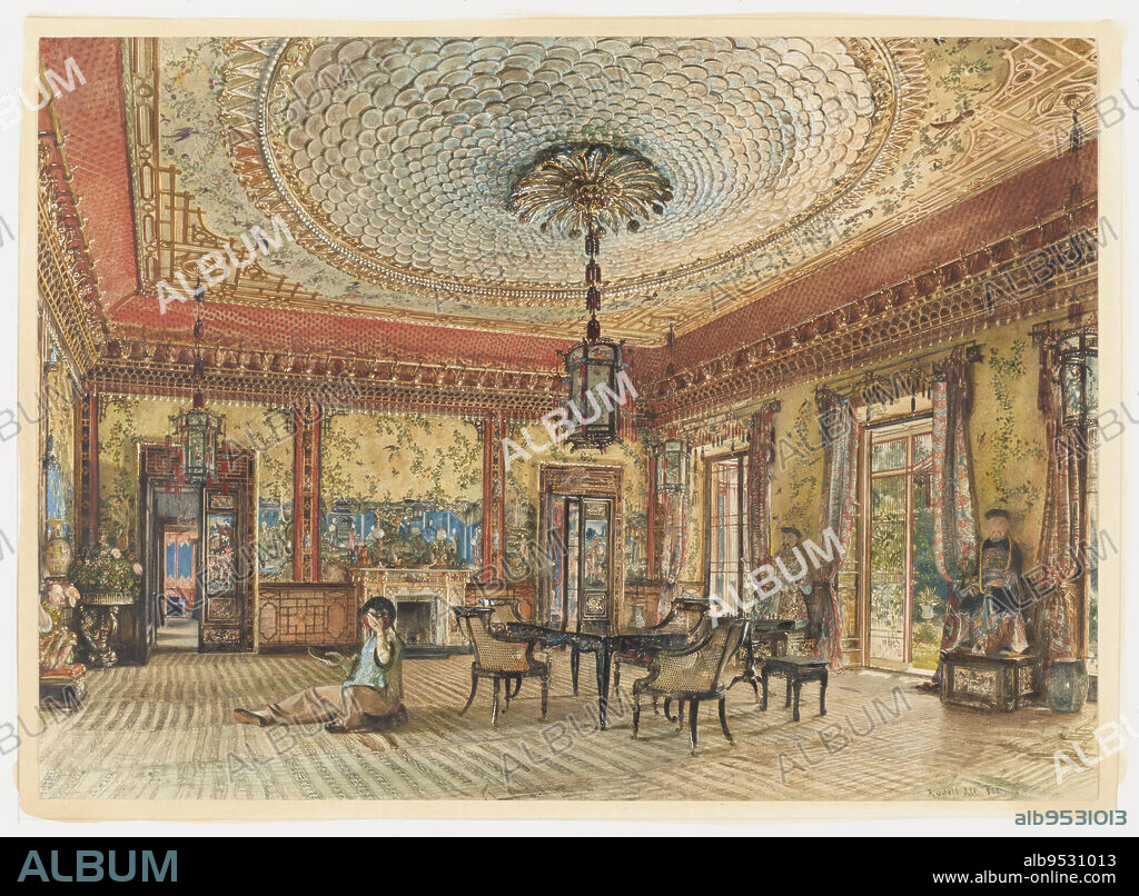 RUDOLF VON ALT. This salon exhibits a riot of Chinese/Japanese motifs. The walls are hung with wallpaper panels decorated with leaves, birds and large ceramic figures. A lantern, suspended from a palmette canopy centered in the ceiling, is designed in a large circular fish scale pattern. The black japannned and cane furniture is typical of the Victorian period. The floor covering appears to simulate tatami matting. Two large seated statues in costume flank French doors on the right. A mysterious seated figure in the left foreground holds a mask to his face with one hand; an unidentified object, perhaps also a mask, is in the other hand. Date: 1855. Brush and watercolor, gouache, graphite on white paper.