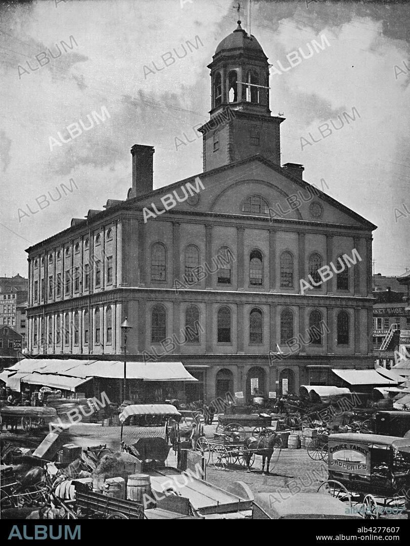 'Faneuil Hall, Boston', c1897. Marketplace and a meeting hall since 1743. Built by artist John Smibert and expanded by Charles Bulfinch. From "A Tour Through the New World America", by Prof. Geo. R. Cromwell. [C. N. Greig & Co., London, c1897].