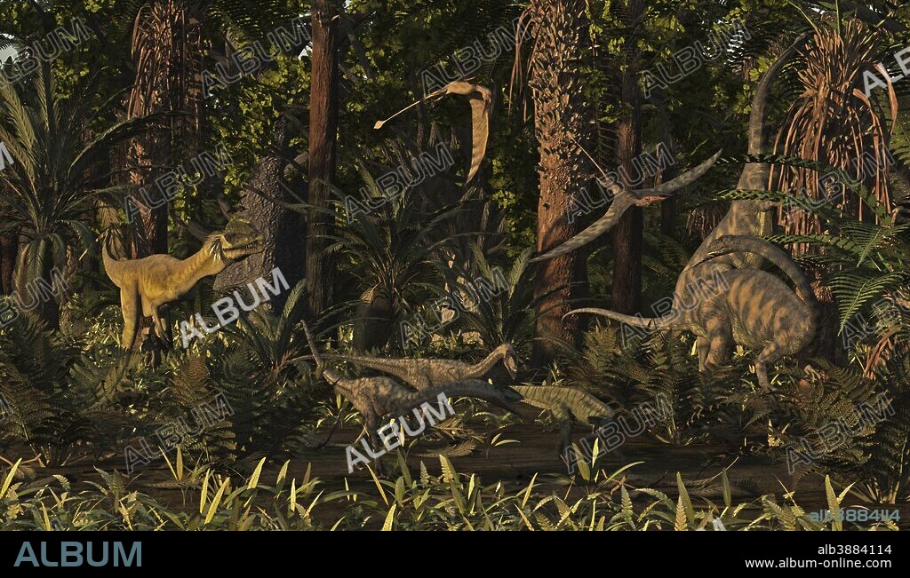 An early Jurassic scene in what is now the southwest United States. The animals in the image are Dilophosaurus, a predator; Sarahsaurus, an early protosauropod; Megapnosaurus, an early predator similar to Coelophysis; Kayentasaurs, an early long legged crocodile and early pterosaurs known as Rhamphorhynchids.