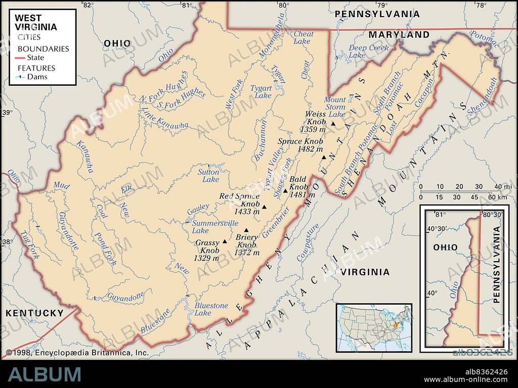 Physical map of West Virginia.