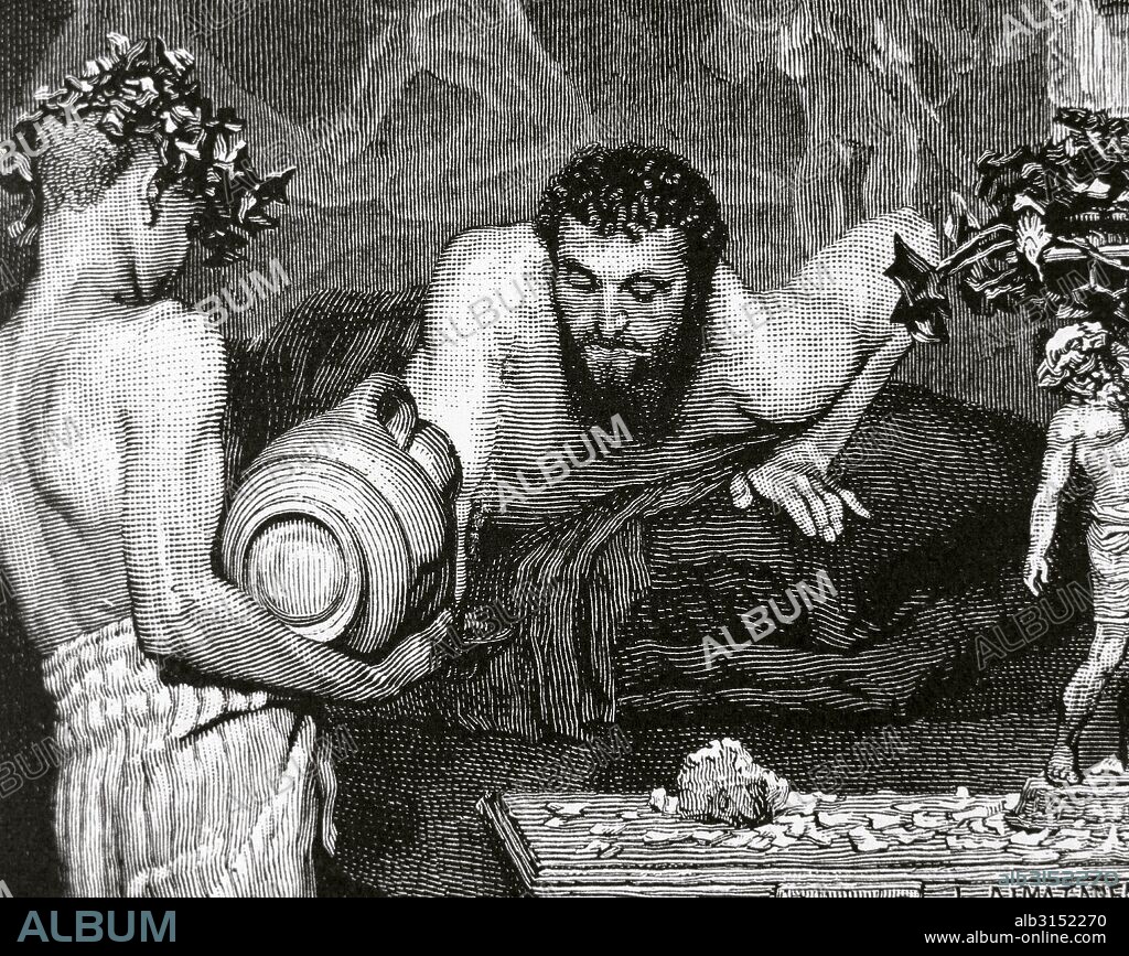 Ancient Rome. Young slave serving a patrician who is lying on a triclinium during a banquet. Engraving  in "La Ilustracion Espanola y Americana" (1887).