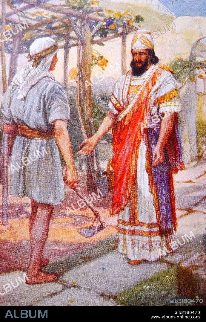 Naboth refuses the King's offer to purchase his land. Naboth owned a vineyard close to the palace of King Ahab, who wished to acquire it. Naboth, however, had inherited his land from his father, and, according to Jewish law, could not alienate it. illustration by Arthur A. Dixon 1872-1959. From the Precious Gift: Bible Stories for Children by T W Wilson (1910).