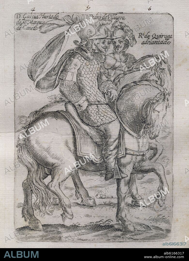 ALONSO DE OVALLE. CONQUISTADORES DE CHILE: GARCIA HURTADO DE MENDOZA, PEDRO DE VILLAGRA Y RODRIGO DE QUIROGA - GRABADO SIGLO XVII.