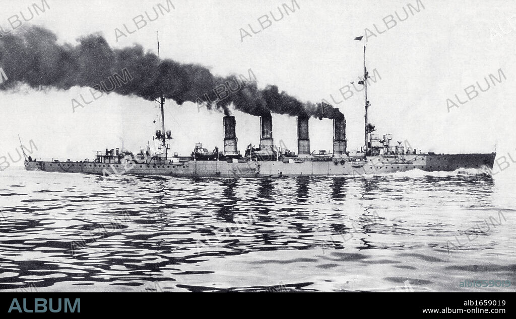 The German light cruiser Magdeburg which was blown up by Russian gunfire after running aground during the First World War. From The Illustrated War News published 1914.