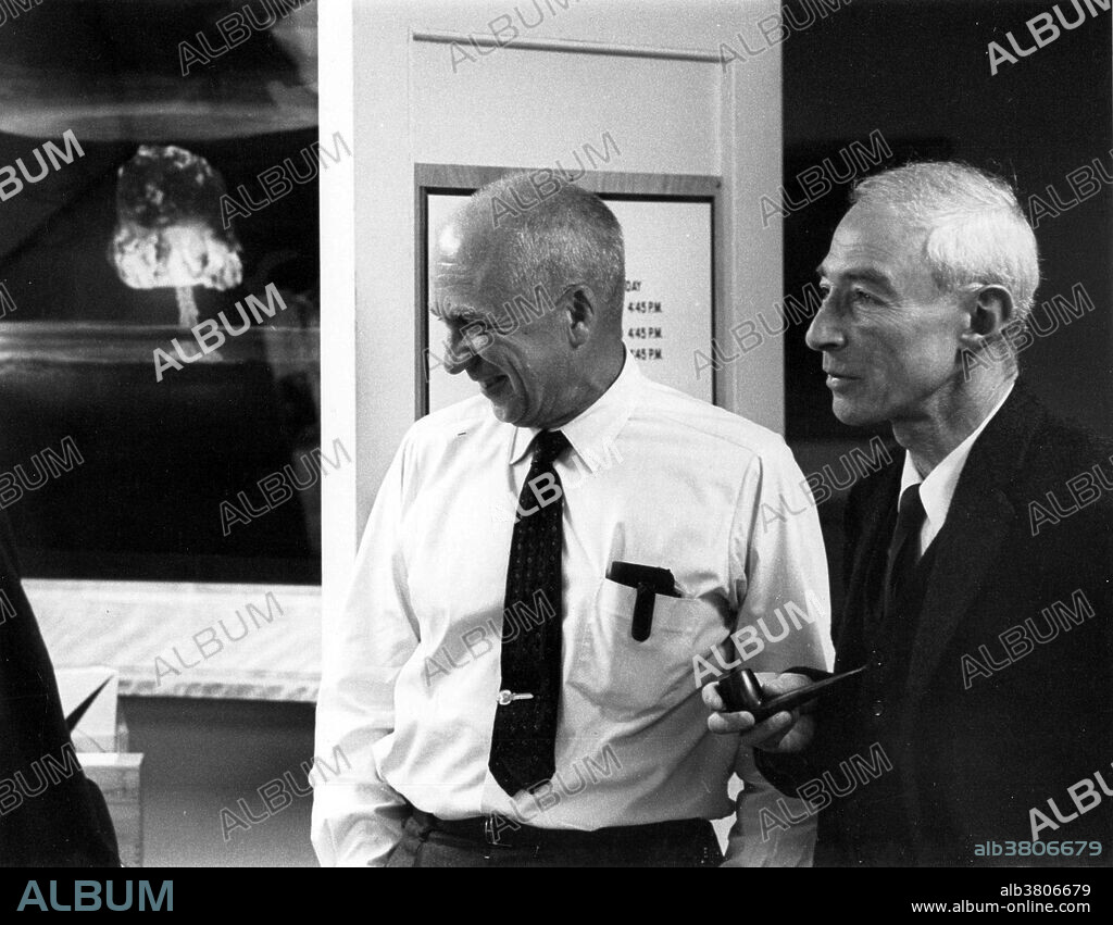 J. Robert Oppenheimer with his successor at the Los Alamos National Laboratory, Norris Bradbury, May 1964. Norris Edwin Bradbury (May 30, 1909 - August 20, 1997) was an American physicist. He served as director of the Los Alamos National Laboratory for 25 years (1945-70), succeeding J. Robert Oppenheimer, who personally chose Bradbury for the position of director after working closely with him on the Manhattan Project. During the war he was in charge of the final assembly of "the gadget", detonated in July 1945 for the Trinity test. He oversaw the transition of the laboratory from World War II through the Cold War. The Bradbury Science Museum is named in his honor. Julius Robert Oppenheimer (April 22, 1904 - February 18, 1967) was an American theoretical physicist and professor of physics at the University of California, Berkeley. Along with Enrico Fermi, he is often called the "father of the atomic bomb" for his role in the Manhattan Project, the World War II project that developed the first nuclear weapons. The first atomic bomb was detonated on July 16, 1945, in the Trinity test in New Mexico; Oppenheimer remarked later that it brought to mind words from the Bhagavad Gita: "Now, I am become Death, the destroyer of worlds.