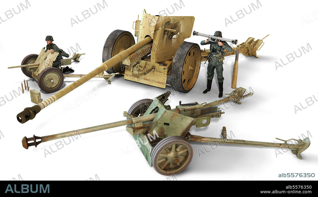 Comparison of three German anti-tank guns of WWII. The Pak 36, the Pak 40 and the Pak 43, with two German soldiers for size reference.