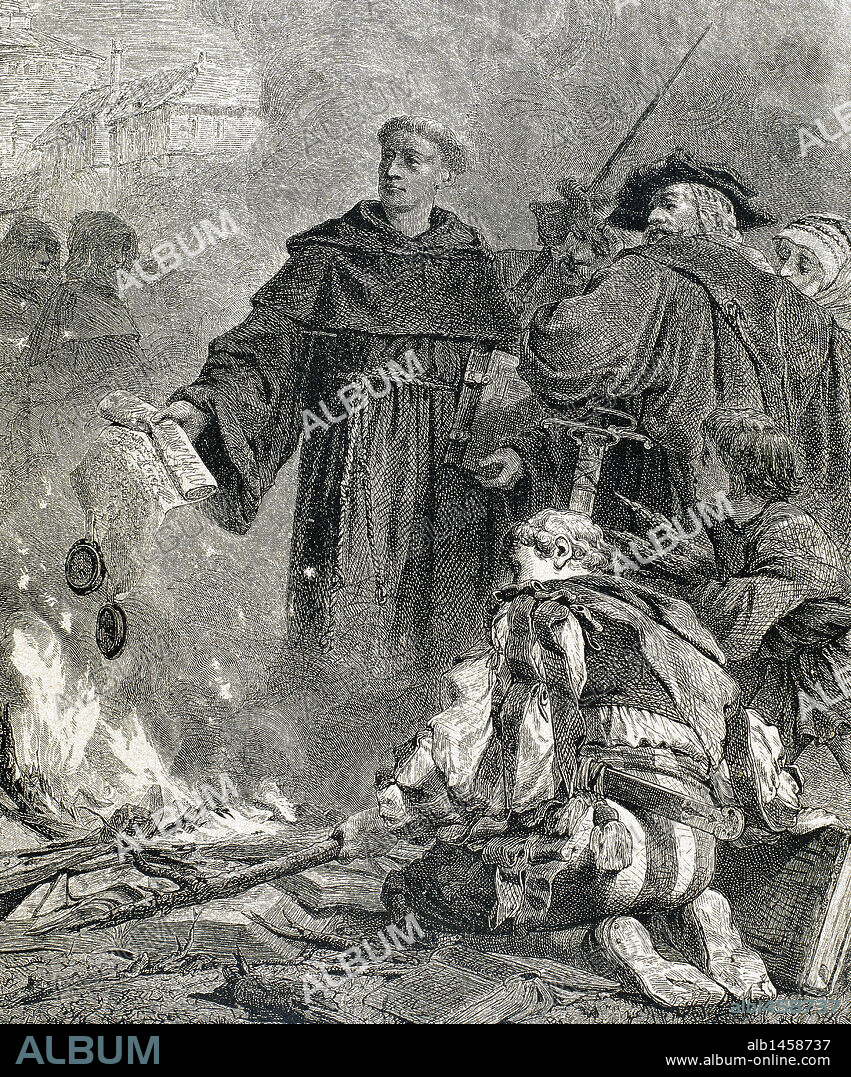 Martin Luther, (Eisleben, 1483, Eisleben, 1546). German reformer. Doctor of Theology and Augustinian priest. In 1517, outlined the main thesis of Lutheranism in Wittenberg. He was excommunicated in 1520. Luther burning the papal bull "Exsurge Domine "(1520) of Pope Leo X. Nineteenth century engraving.